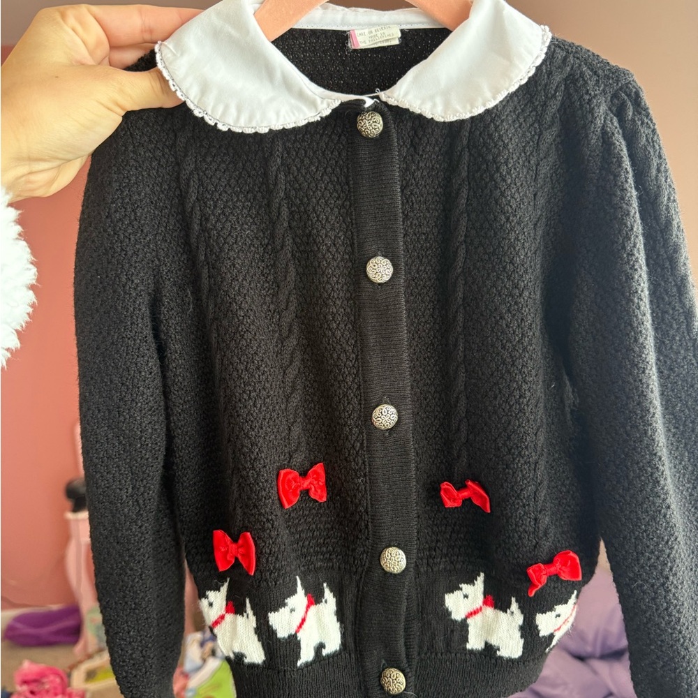 Vintage Black Cardigan with White Collar and Dog Motif